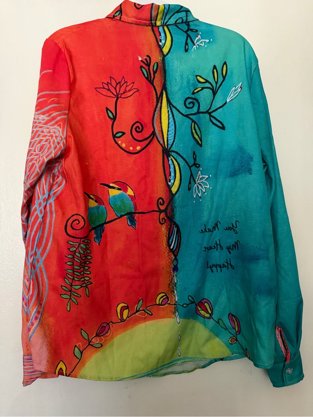 Colorful Wearable Art Bird & Floral Button Front Blouse Size L Boho Art Shirt - Picture 6 of 6